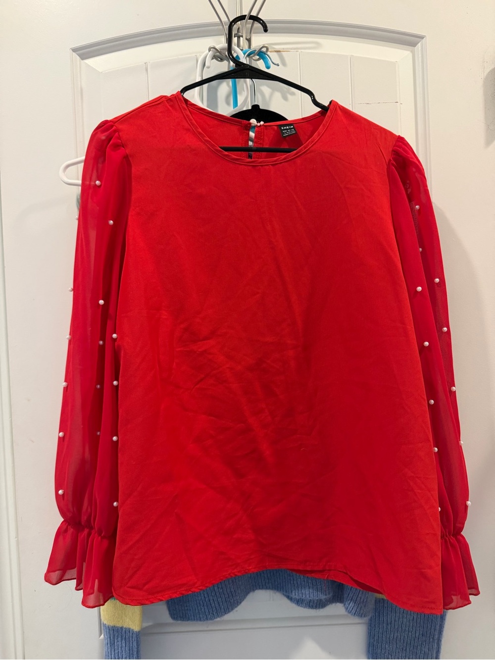 SHEIN Red Pearl-Embellished Sheer-Sleeve Blouse
